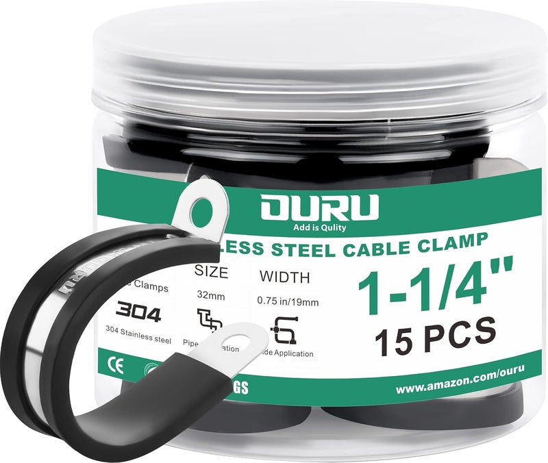 ORU 15pcs 1-1/4 Inch Stainless Steel Cable Clamps,Rubber Coated Cushioned Insulated Cable Clamp,Automotive Cable Wire Clamps,Pipe Clamps,Metal Clamp for Tube,Lines,Wire Cord Installation(Black,32mm) - Image 1