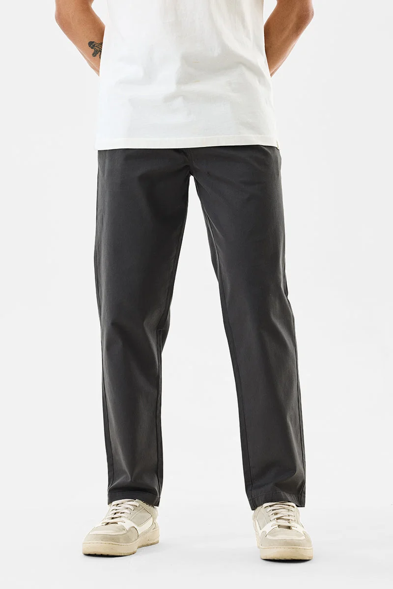 SNITCH Dark Grey Solid Slim Fit Casual Trousers