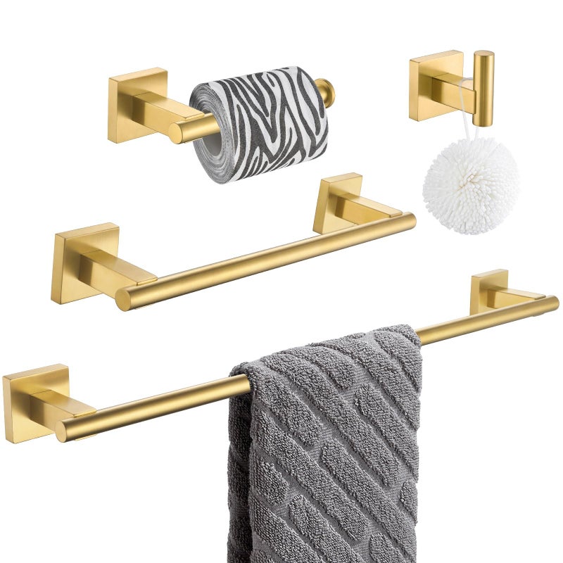 Suyar Brushed Gold Bathroom Accessories SUS 304 Stainless Steel Bathroom Hardware Set 4 Pieces Include Robe Hook Toilet Paper Holder Hand Towel Holder Towel Bar Wall Mount