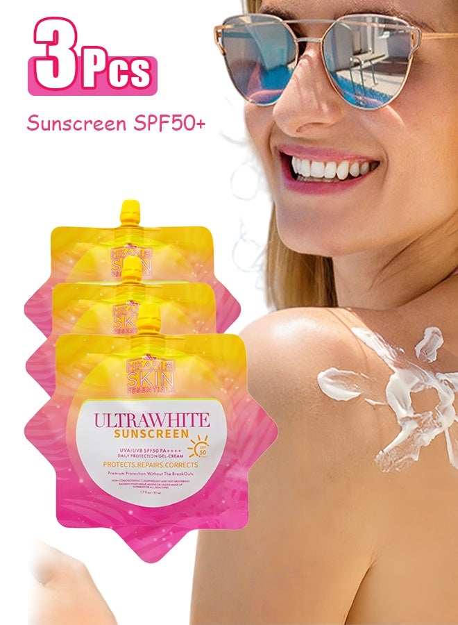 Hikari 3 Pcs Hikari Skin Essentials Ultra White Sunscreen 50ml – SPF50 PA+++++++, Ultra-Lightweight Airy-Fit, Whitening & Moisturizing, Water-Resistant, Fast-Absorbing Gel - Image 1