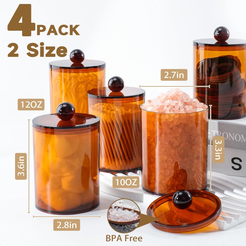 XIPENGKEJI 4 Pack Qtip Holder,Canister Apothecary Jar Set, Bathroom Jars with Lids Set for Cotton Swabs, Balls, Pads, Floss Picks,10oz-12oz Plastic Canisters Restroom Bedroom Vanity Organizer(Brown) - Image 2