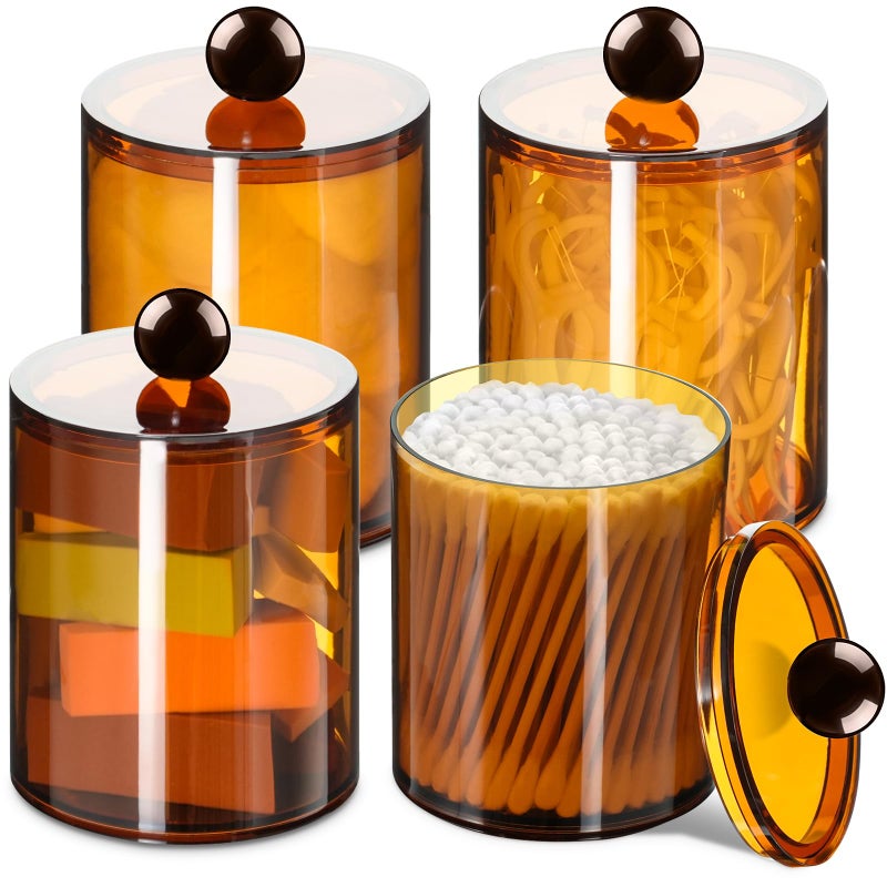 XIPENGKEJI 4 Pack Qtip Holder,Canister Apothecary Jar Set, Bathroom Jars with Lids Set for Cotton Swabs, Balls, Pads, Floss Picks,10oz-12oz Plastic Canisters Restroom Bedroom Vanity Organizer(Brown) - Image 1
