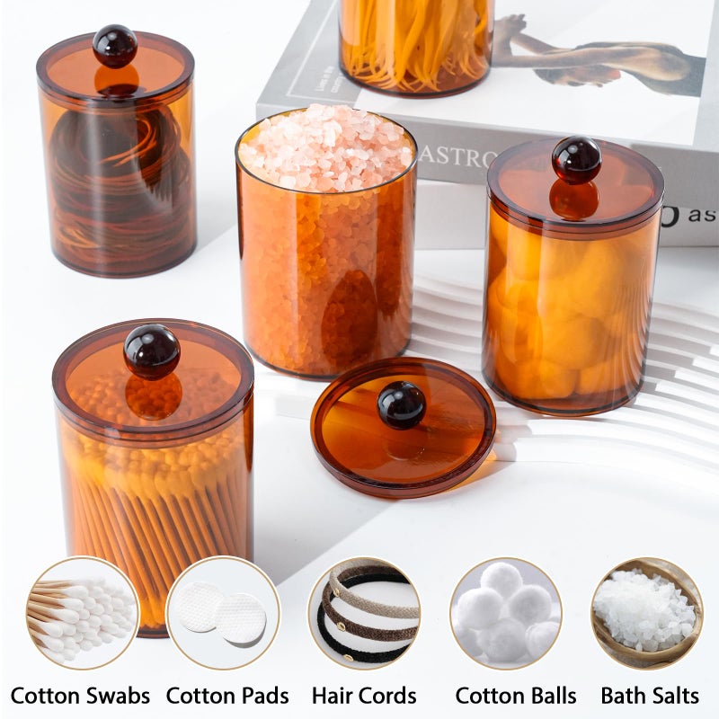 XIPENGKEJI 4 Pack Qtip Holder,Canister Apothecary Jar Set, Bathroom Jars with Lids Set for Cotton Swabs, Balls, Pads, Floss Picks,10oz-12oz Plastic Canisters Restroom Bedroom Vanity Organizer(Brown) - Image 4