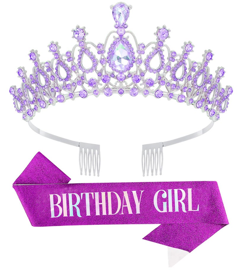 Papoopy Birthday Tiara and Crown with Sash for Women, Hair Accessories for Wedding Party Costume (B - Purple) - Image 1
