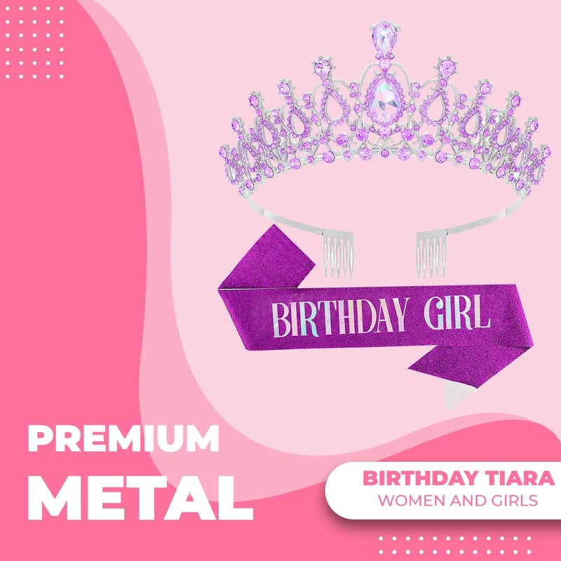 Papoopy Birthday Tiara and Crown with Sash for Women, Hair Accessories for Wedding Party Costume (B - Purple) - Image 2