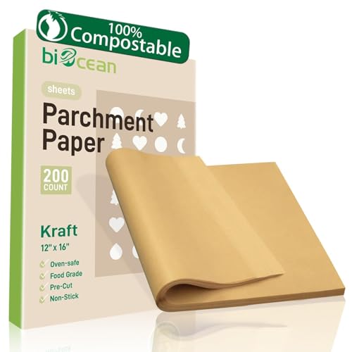 BIOCEAN 200Pcs 12x16In Unbleached Parchment Paper Sheets Precut Heavy Duty Flat Kitchen Baking Supplies Paper NonStickNonToxic Cooking Paper for Air Fryer Steaming Oven Make Cup Cake Bread Cookie