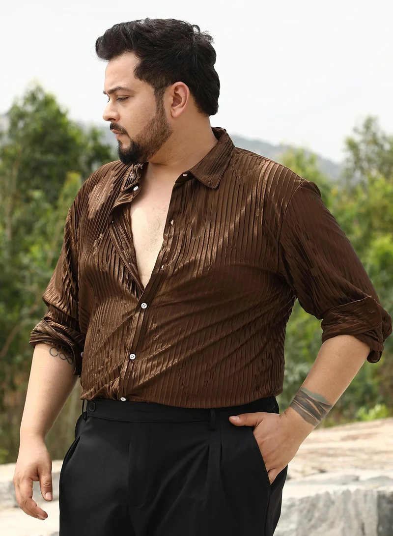 Instafab Plus Instafab Men's Chocolate Brown Pleated-Rhombus Shirt | Spread Collar , Long Cuffed Sleeves , Button Closure | Solid Pleated | Polyester-Blend Shirt For Party Wear