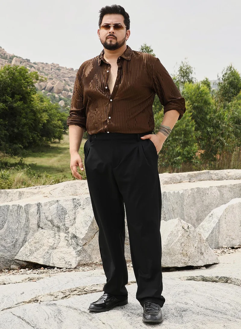 Instafab Plus Instafab Men's Chocolate Brown Pleated-Rhombus Shirt | Spread Collar , Long Cuffed Sleeves , Button Closure | Solid Pleated | Polyester-Blend Shirt For Party Wear