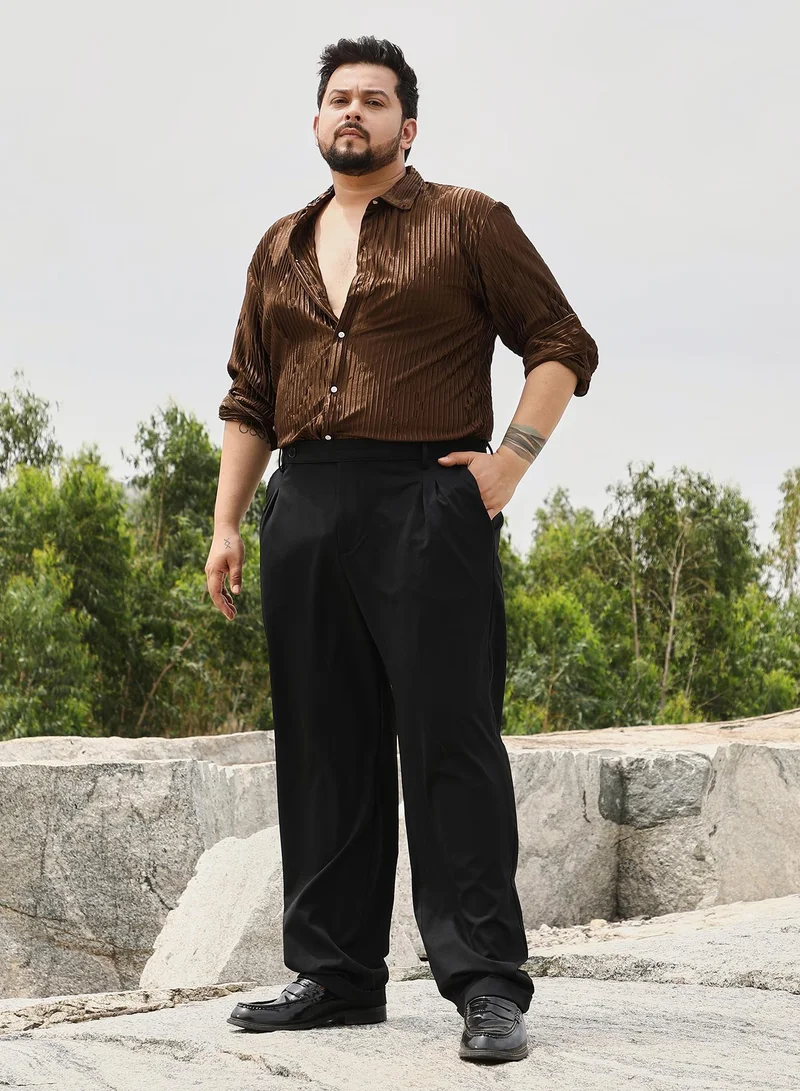 Instafab Plus Instafab Men's Chocolate Brown Pleated-Rhombus Shirt | Spread Collar , Long Cuffed Sleeves , Button Closure | Solid Pleated | Polyester-Blend Shirt For Party Wear