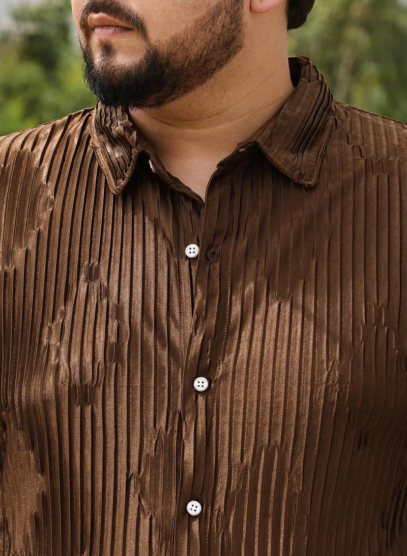 Instafab Plus Instafab Men's Chocolate Brown Pleated-Rhombus Shirt | Spread Collar , Long Cuffed Sleeves , Button Closure | Solid Pleated | Polyester-Blend Shirt For Party Wear
