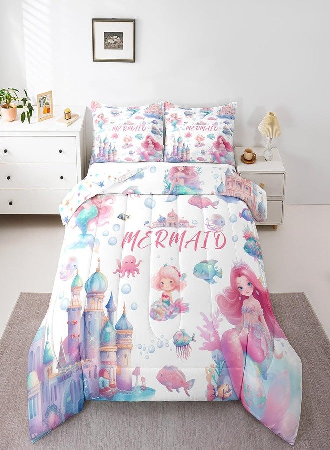 Castle Fairy Mermaid Comforter Set Full,Kids Cartoon Castle Reversible Quilt Sets Girly Girls Rainbow Underwater World Bedding Set Ocean Life Animal Octopus Fish Pattern Duvet Insert with 2 Pillowcases Pink Blue - Image 2