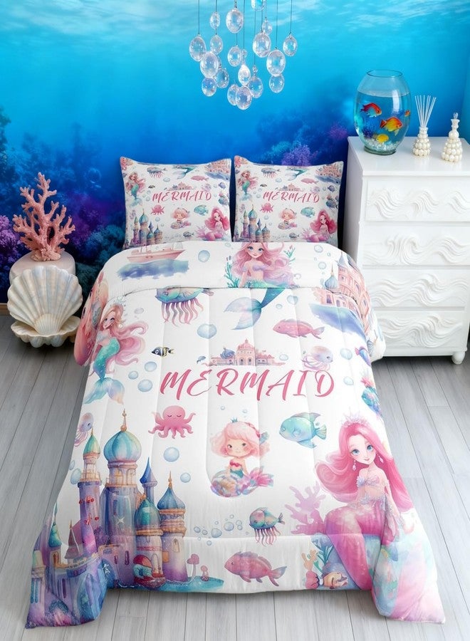 Castle Fairy Mermaid Comforter Set Full,Kids Cartoon Castle Reversible Quilt Sets Girly Girls Rainbow Underwater World Bedding Set Ocean Life Animal Octopus Fish Pattern Duvet Insert with 2 Pillowcases Pink Blue - Image 1