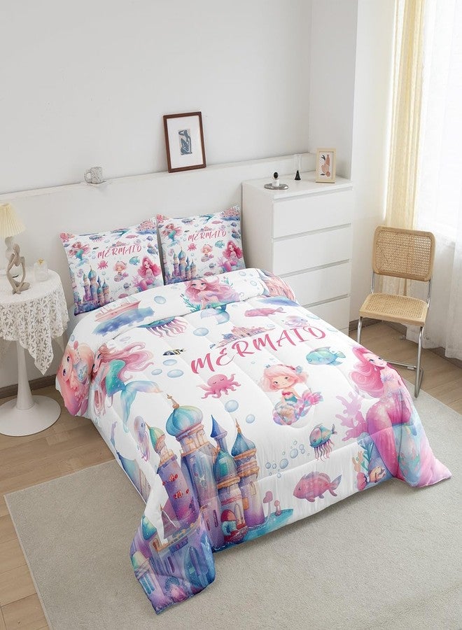 Castle Fairy Mermaid Comforter Set Full,Kids Cartoon Castle Reversible Quilt Sets Girly Girls Rainbow Underwater World Bedding Set Ocean Life Animal Octopus Fish Pattern Duvet Insert with 2 Pillowcases Pink Blue - Image 3