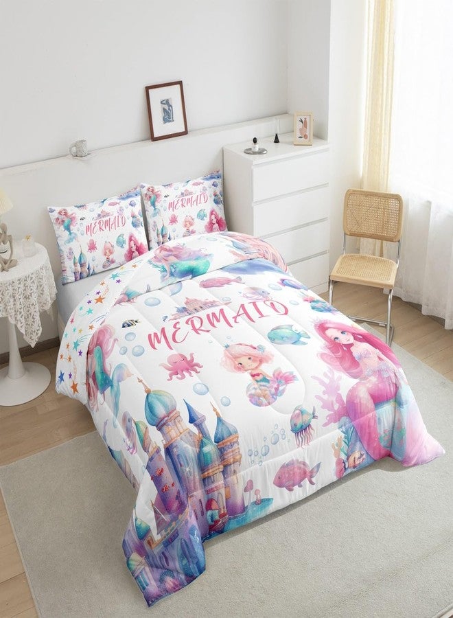 Castle Fairy Mermaid Comforter Set Full,Kids Cartoon Castle Reversible Quilt Sets Girly Girls Rainbow Underwater World Bedding Set Ocean Life Animal Octopus Fish Pattern Duvet Insert with 2 Pillowcases Pink Blue - Image 5