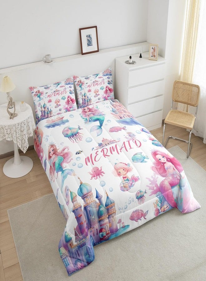 Castle Fairy Mermaid Comforter Set Full,Kids Cartoon Castle Reversible Quilt Sets Girly Girls Rainbow Underwater World Bedding Set Ocean Life Animal Octopus Fish Pattern Duvet Insert with 2 Pillowcases Pink Blue - Image 4