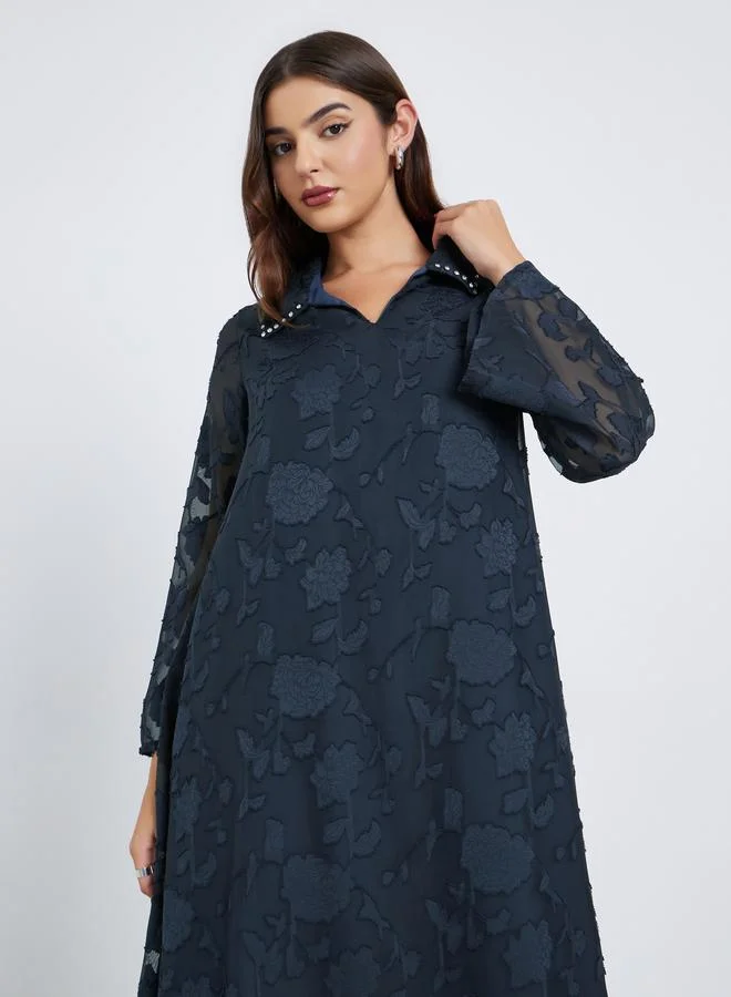 Amirah Navy Blue Floral Textured Maxi Jalabiya