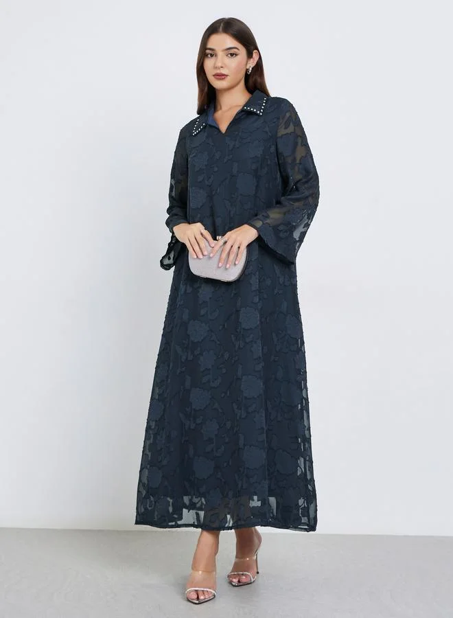 Amirah Navy Blue Floral Textured Maxi Jalabiya