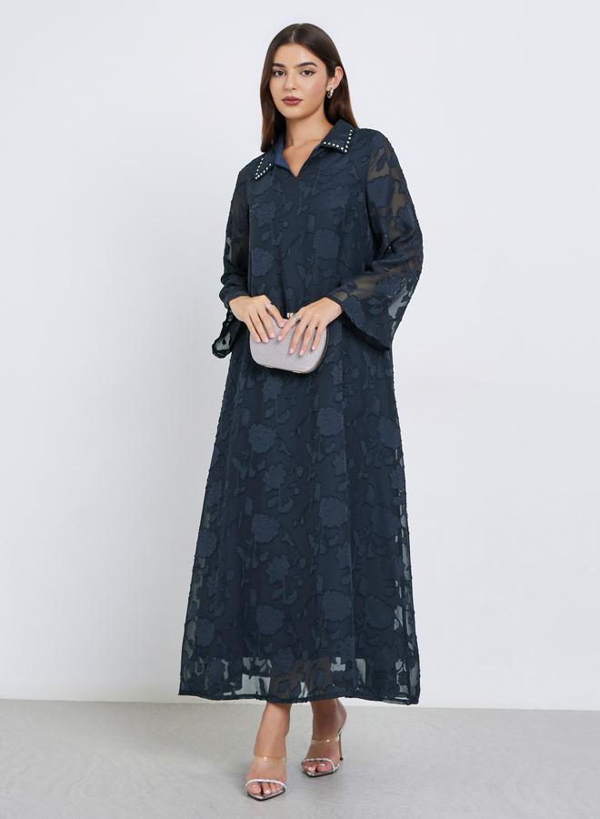 Amirah Navy Blue Floral Textured Maxi Jalabiya - Image 1