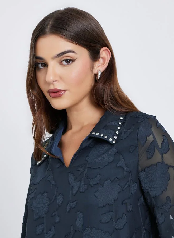 Amirah Navy Blue Floral Textured Maxi Jalabiya