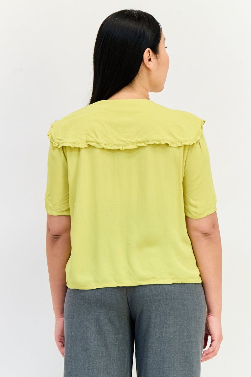 ONLY Women Spread Collar Short Sleeve Plain Blouse, Apple Green  - Image 2