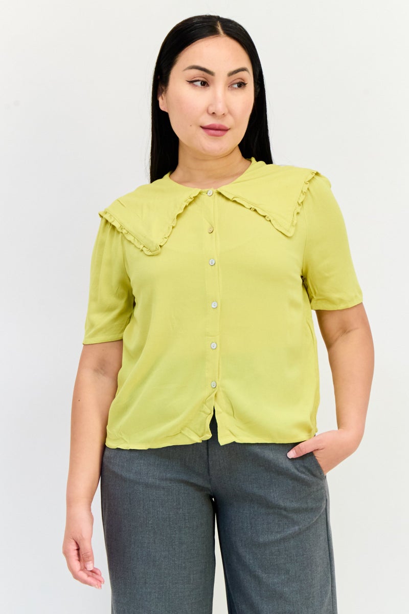 ONLY Women Spread Collar Short Sleeve Plain Blouse, Apple Green  - Image 1
