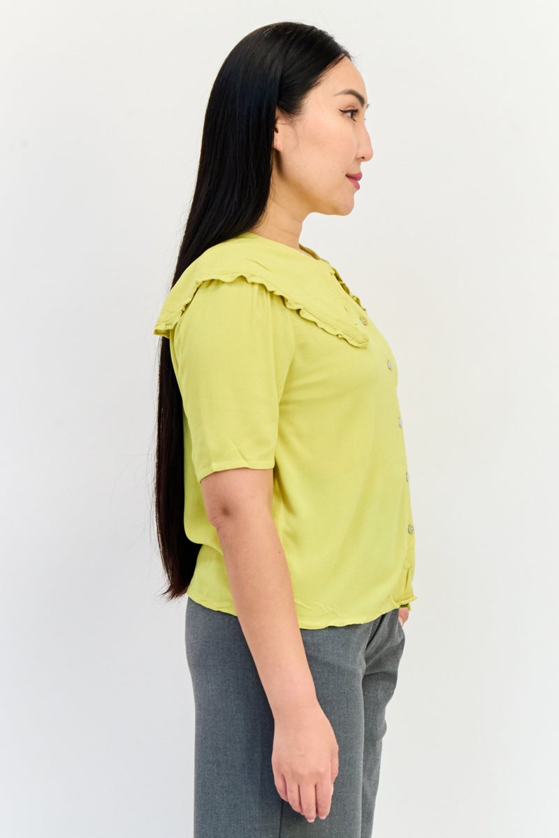 ONLY Women Spread Collar Short Sleeve Plain Blouse, Apple Green  - Image 3