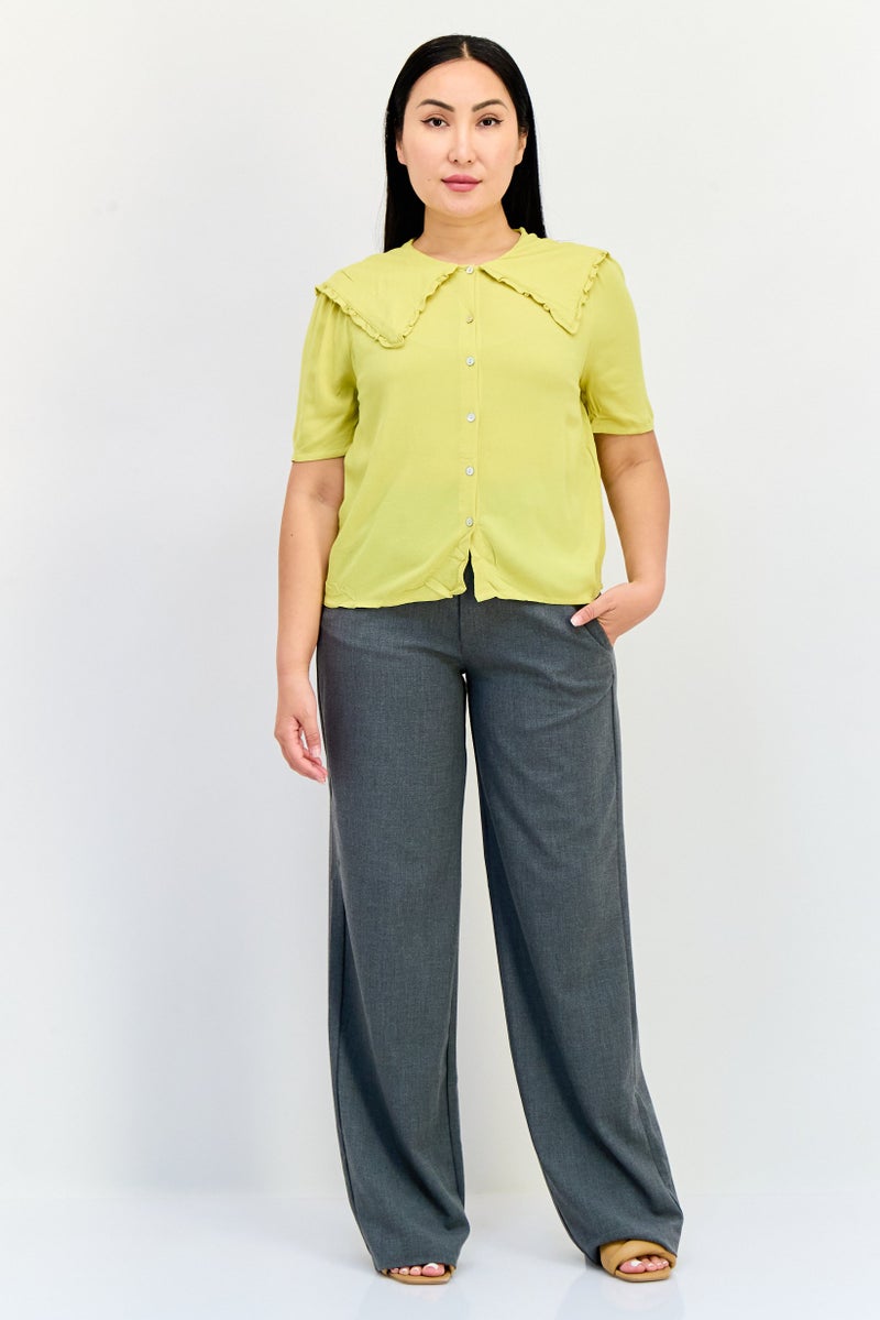 ONLY Women Spread Collar Short Sleeve Plain Blouse, Apple Green  - Image 4