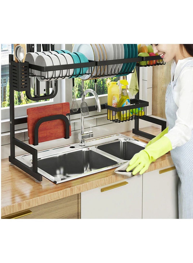 Kitchen Stainless Steel Dish Rack Over Sink Expanding Organizer Storage Draining Drying Plate Rack Knife Fork Container - Image 1