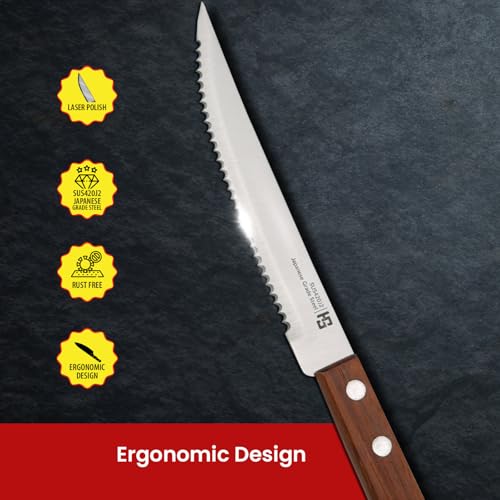 HS WORLD OF HORECA ESSENTIALS 4.5 Inch Professional Steak Knife 12 Pcs Set with Medium Wooden Handle | Japanese Grade Stainless Steel | Kitchen Knife | Home and Commercial Use| Brown | SUS420J2 - Image 4