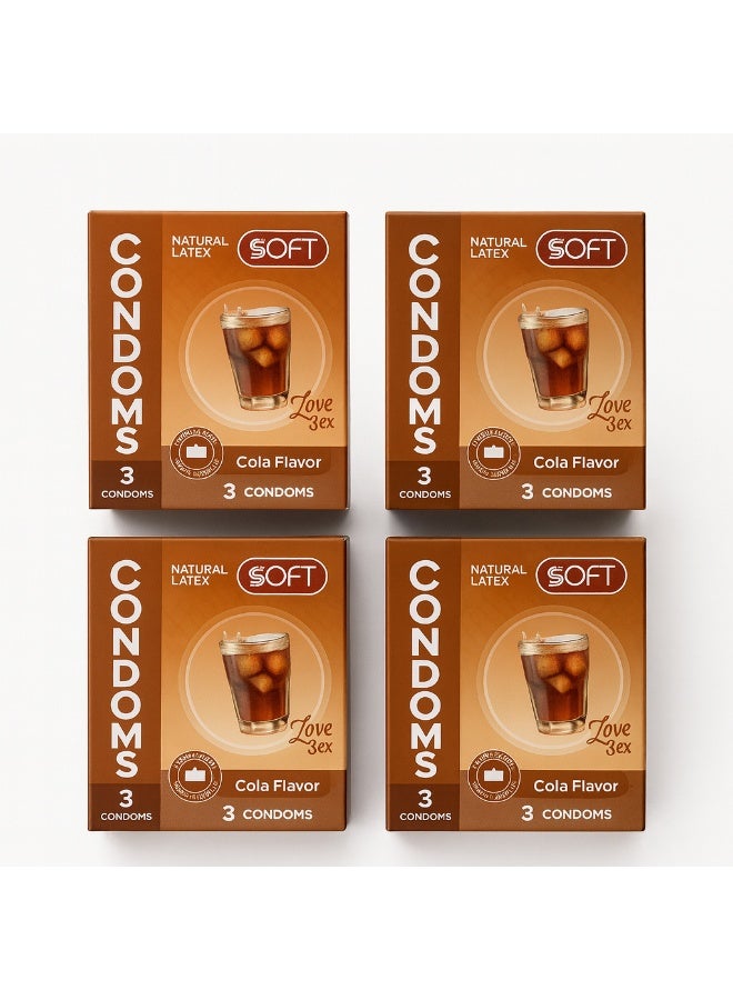 واقي ذكري بنكهة الكولا – لاتكس طبيعي – 4 علب × كل علبة تحتوي 3 قطع (إجمالي 12 قطعة)