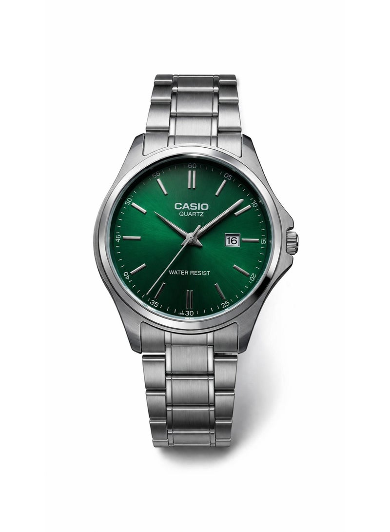 Casio Quartz Stainless Steel Watch – Green Dial, Water Resistant Men's Classic Watch