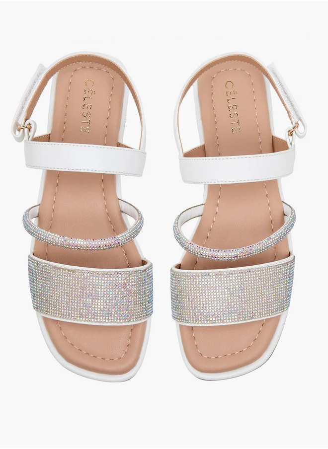 سيليست Girls' Embellished Open Toe Sandals with Hook and Loop Closure