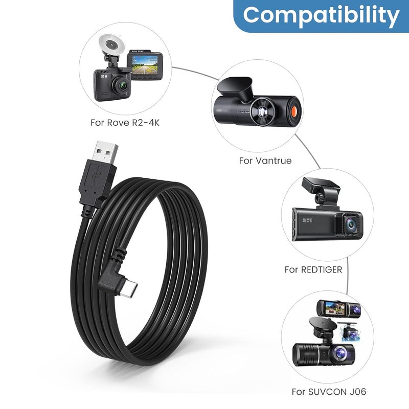weishan USB C Dash Cam Power Cord, USB to 90-Degree USB-C Charging Cable for Dashcam Rear View Mirror Camera, 11.5ft Long Charger Wire - Image 2