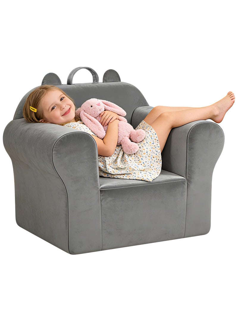 laapee Kids Sofa Chair with Removable Washable Cover Kids Couch Toddler Chair Toddler Bed Cozy Crystal Velvet Furniture for Playtime, Naps & Travel (Soft Grey, Bear Design) - Image 1