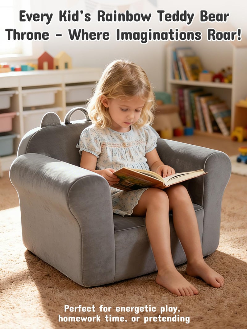 laapee Kids Sofa Chair with Removable Washable Cover Kids Couch Toddler Chair Toddler Bed Cozy Crystal Velvet Furniture for Playtime, Naps & Travel (Soft Grey, Bear Design) - Image 2
