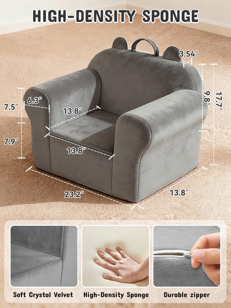 laapee Kids Sofa Chair with Removable Washable Cover Kids Couch Toddler Chair Toddler Bed Cozy Crystal Velvet Furniture for Playtime, Naps & Travel (Soft Grey, Bear Design) - Image 5