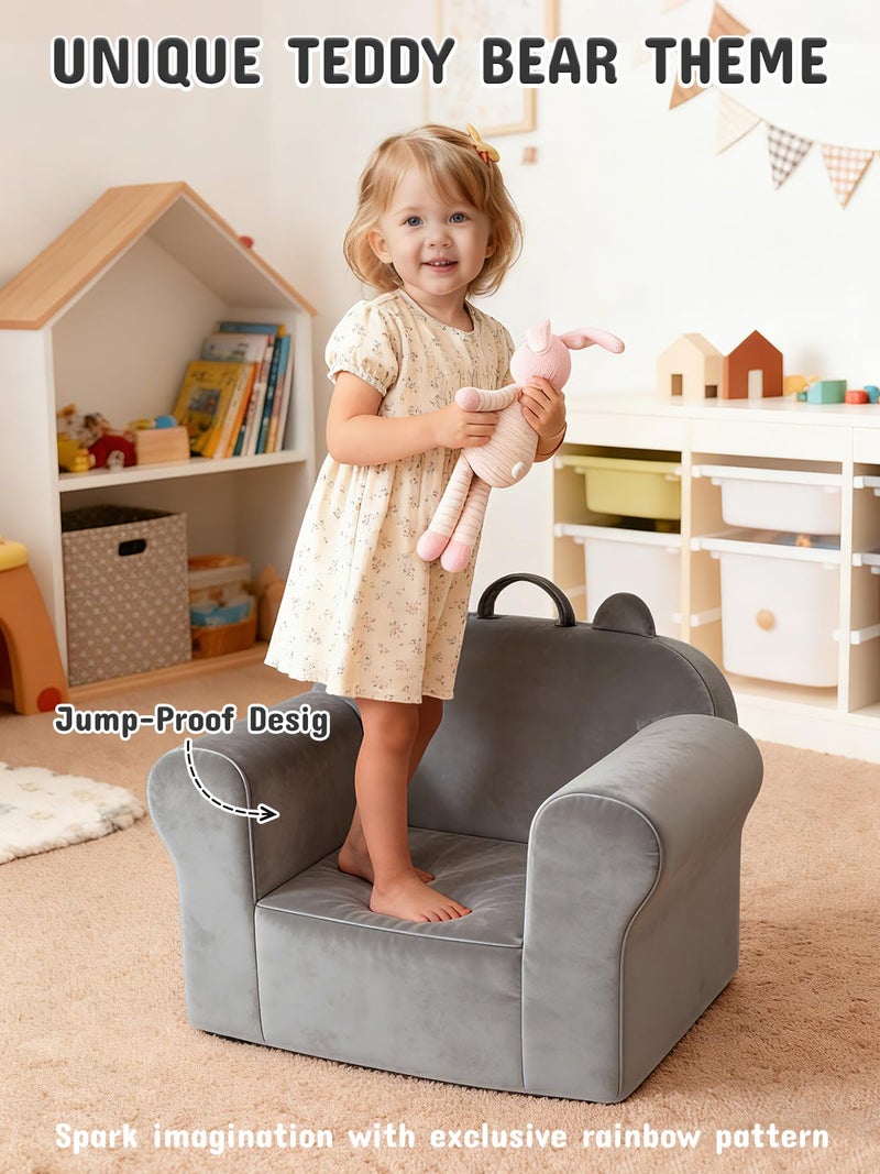 laapee Kids Sofa Chair with Removable Washable Cover Kids Couch Toddler Chair Toddler Bed Cozy Crystal Velvet Furniture for Playtime, Naps & Travel (Soft Grey, Bear Design) - Image 3