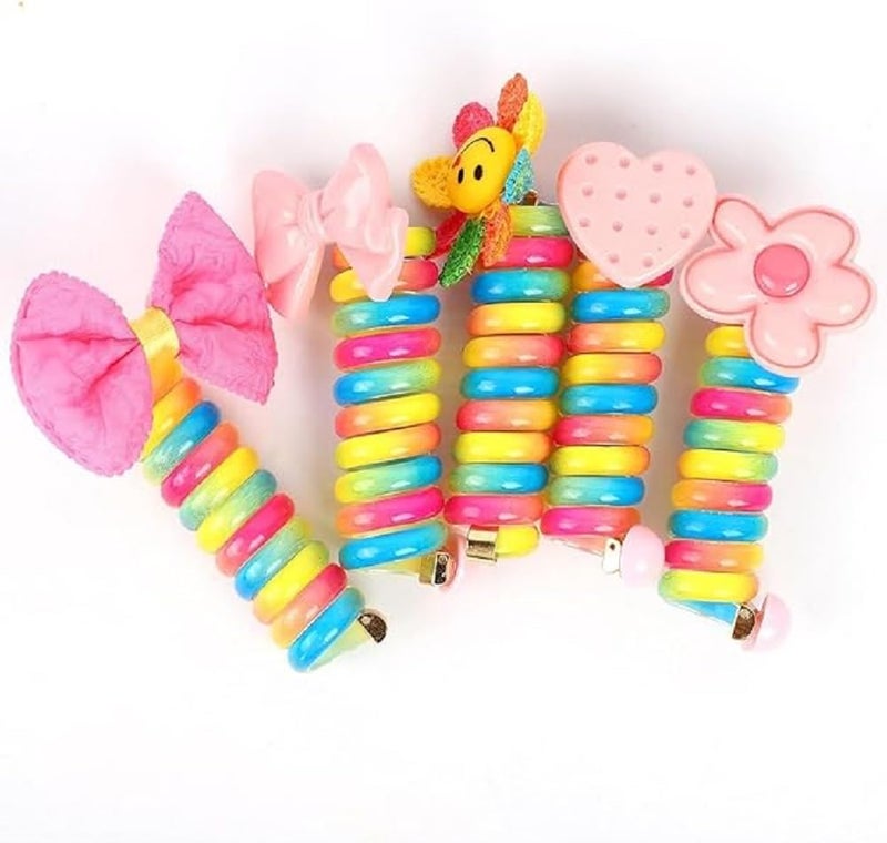 FAVELA® 5pcs Colorful Telephone Cord Hair Rope Elastic Headband Wire Hair Bands for Girls Kids Braided Spiral Hair Ties Cute Cartoon Ponytail Maker Elastic Braids Hair Accessories for Girls. - Image 1
