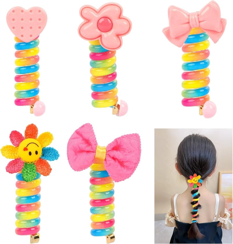 FAVELA® 5pcs Colorful Telephone Cord Hair Rope Elastic Headband Wire Hair Bands for Girls Kids Braided Spiral Hair Ties Cute Cartoon Ponytail Maker Elastic Braids Hair Accessories for Girls. - Image 2