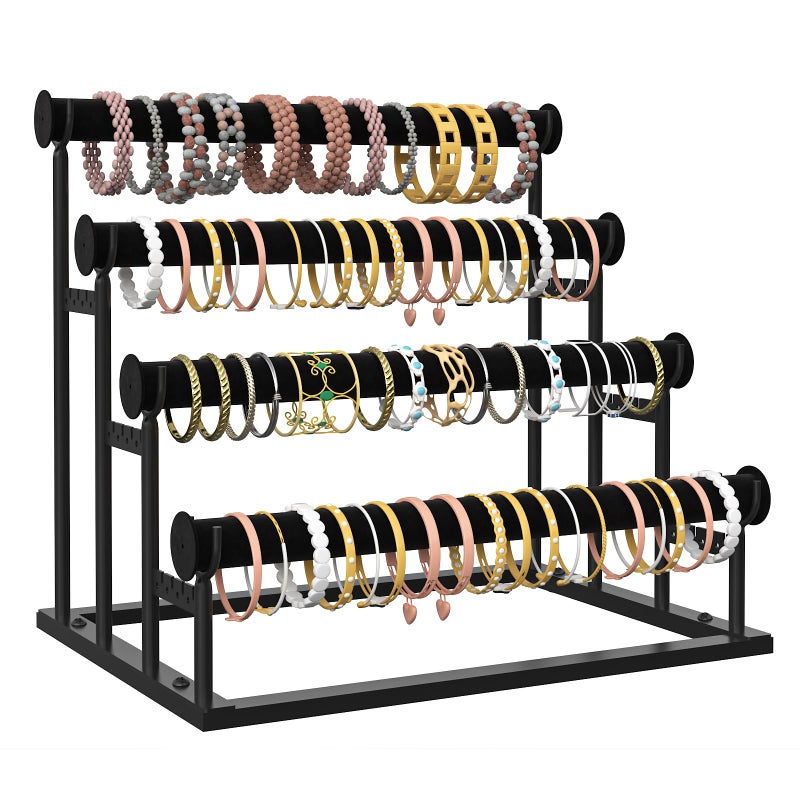 ORLESS 4 Tier Bracelet Holder, Detachable Velvet Jewelry Display Stand, T-Bar Necklace Storage Organizer Display Stand, Metal Bracelet Holder Display for Bangles Watch Bracelets Scrunchies(Black) - Image 1