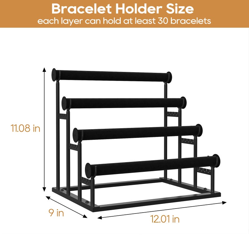 ORLESS 4 Tier Bracelet Holder, Detachable Velvet Jewelry Display Stand, T-Bar Necklace Storage Organizer Display Stand, Metal Bracelet Holder Display for Bangles Watch Bracelets Scrunchies(Black) - Image 4