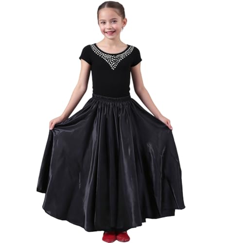 Sancan Girls Belly Latin Dance Skirt - Elastic Waist Ankle Length Full Flowy Circle Dancewear for Dance Practice Training (US, Age, 8 Years, 12 Years, Black) - Image 3