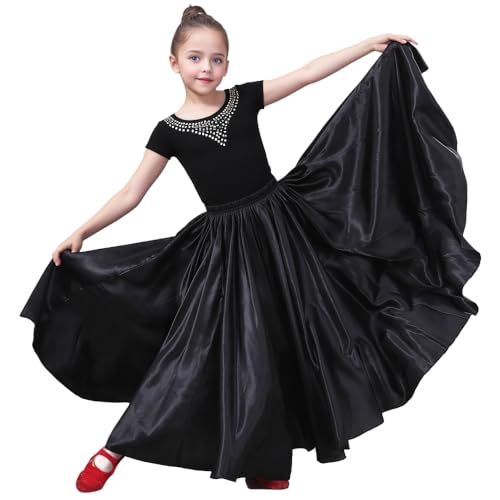 Sancan Girls Belly Latin Dance Skirt - Elastic Waist Ankle Length Full Flowy Circle Dancewear for Dance Practice Training (US, Age, 8 Years, 12 Years, Black) - Image 1