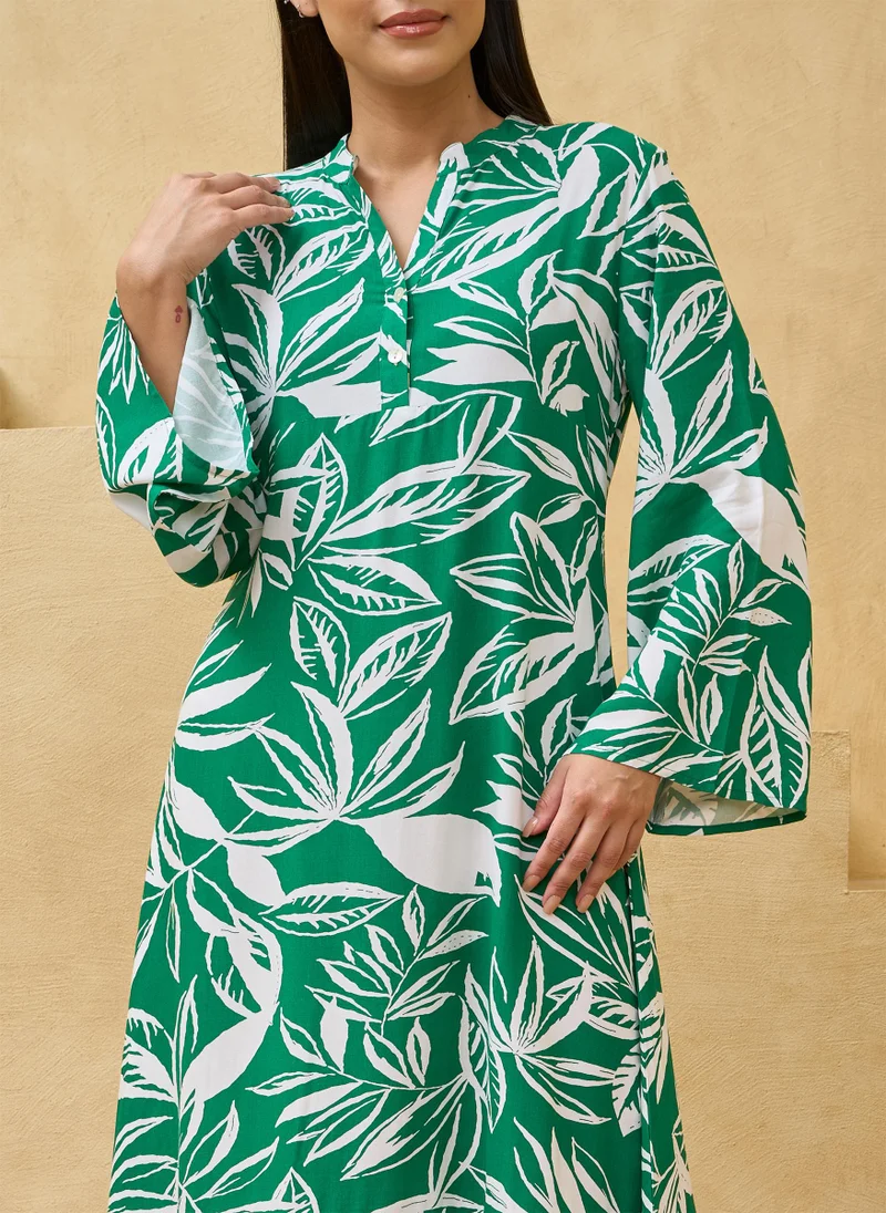 Couturelabs Green White Botanical Printed Midi Dress