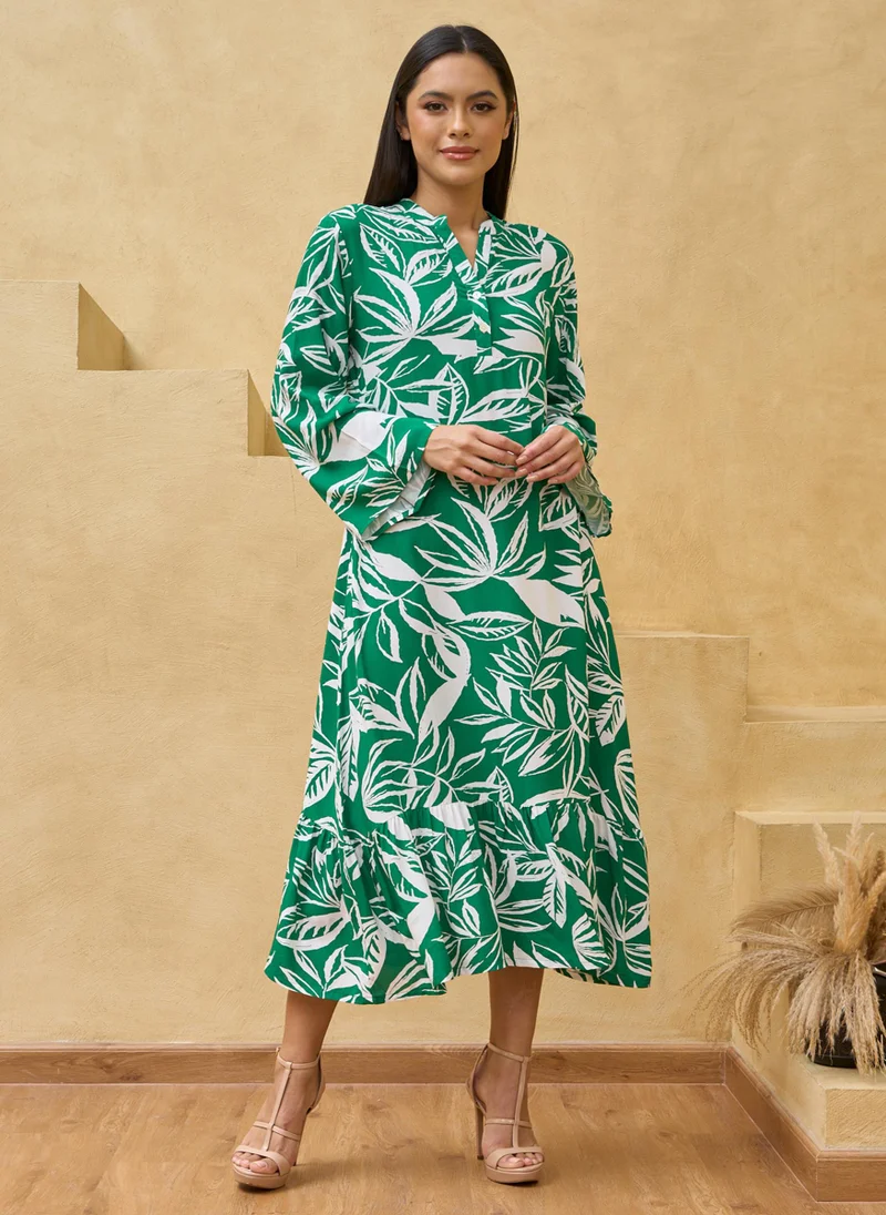 كوتور لابس Green White Botanical Printed Midi Dress