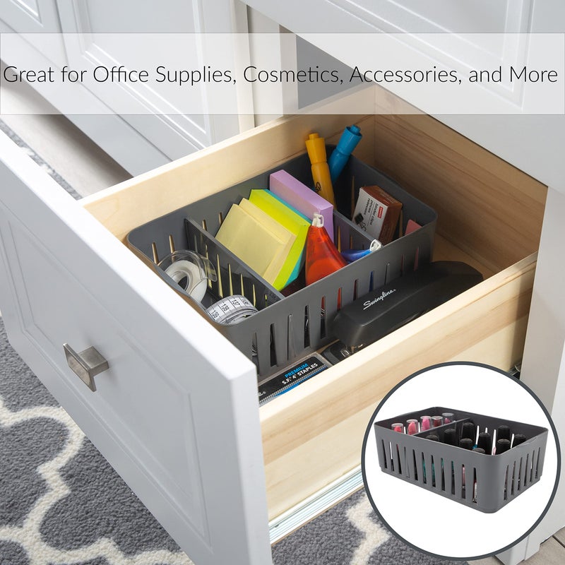 Simplify 3 Compartment Stackable Bin with Adjustable Dividers | Drawer Organizer | Storage Basket | Good for Office | Desk Supplies | Dorm | Bathroom | Accessories | Make Up | Grey - Image 3