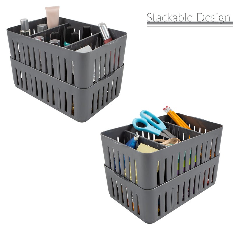 Simplify 3 Compartment Stackable Bin with Adjustable Dividers | Drawer Organizer | Storage Basket | Good for Office | Desk Supplies | Dorm | Bathroom | Accessories | Make Up | Grey - Image 4