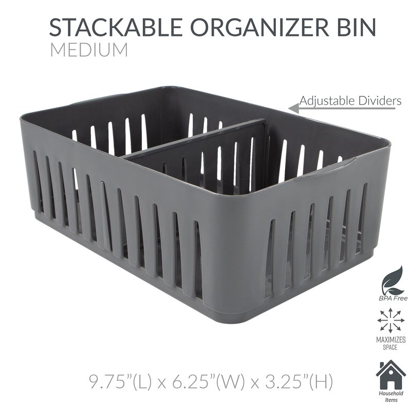 Simplify 3 Compartment Stackable Bin with Adjustable Dividers | Drawer Organizer | Storage Basket | Good for Office | Desk Supplies | Dorm | Bathroom | Accessories | Make Up | Grey - Image 2