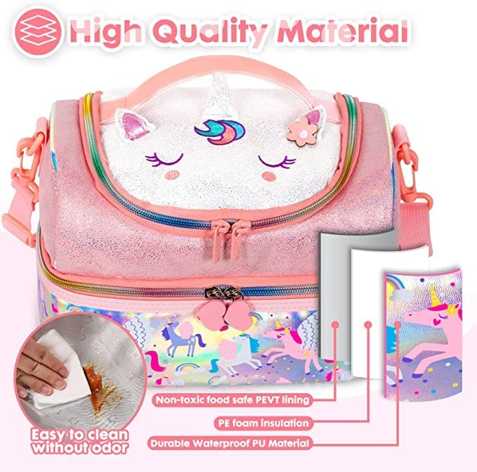 EXILOM حقيبة غداء للأطفال، حقيبة غداء للبنات والأولاد، حقيبة غداء عازلة حرارياً، حقيبة للتوائم والمراهقين، حقيبة سفر مدرسية، حاملة زجاجة ماء وعلبة غداء بحزام قابل للتعديل - Image 3