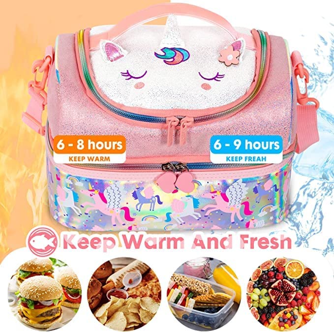 EXILOM حقيبة غداء للأطفال، حقيبة غداء للبنات والأولاد، حقيبة غداء عازلة حرارياً، حقيبة للتوائم والمراهقين، حقيبة سفر مدرسية، حاملة زجاجة ماء وعلبة غداء بحزام قابل للتعديل - Image 2